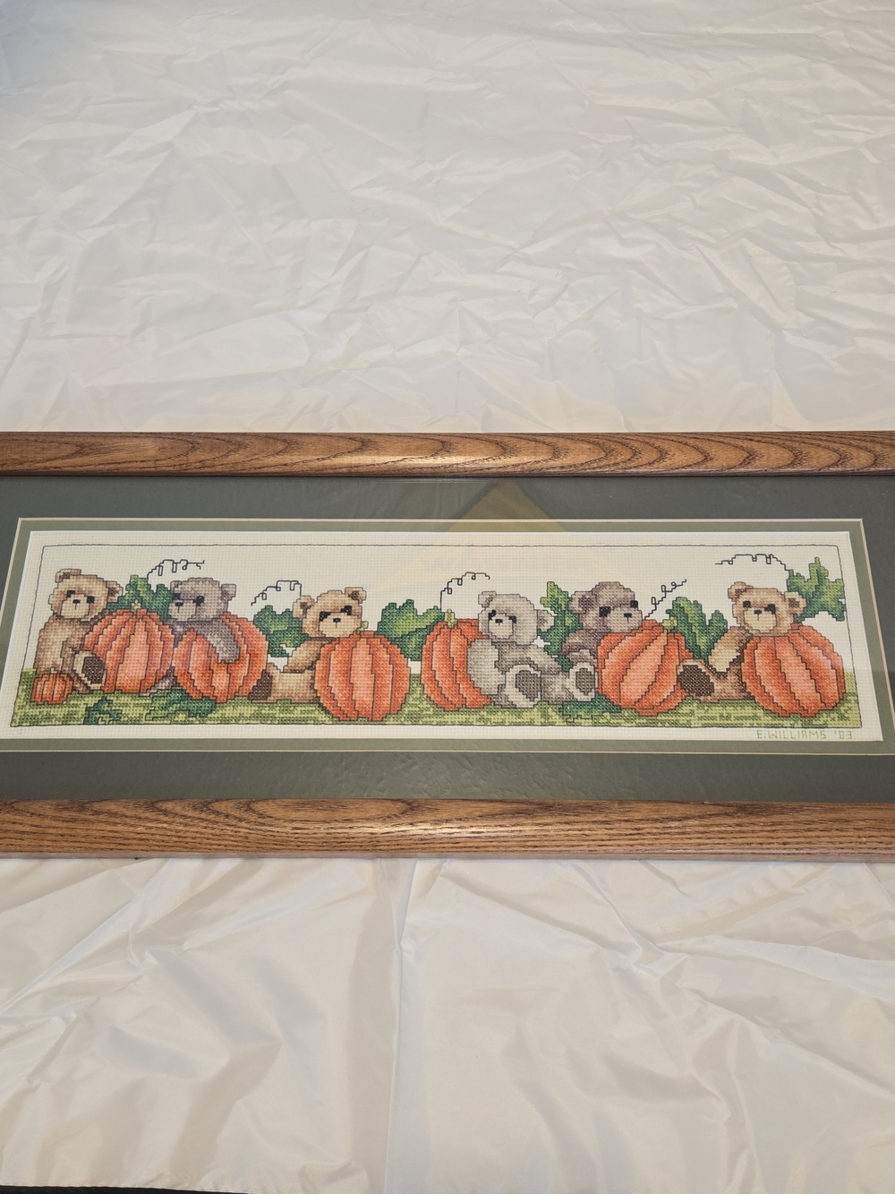 Framed Pumpkin Teddy Bear Cross Stitch Fall Autumn Wall Decor 21 x 9